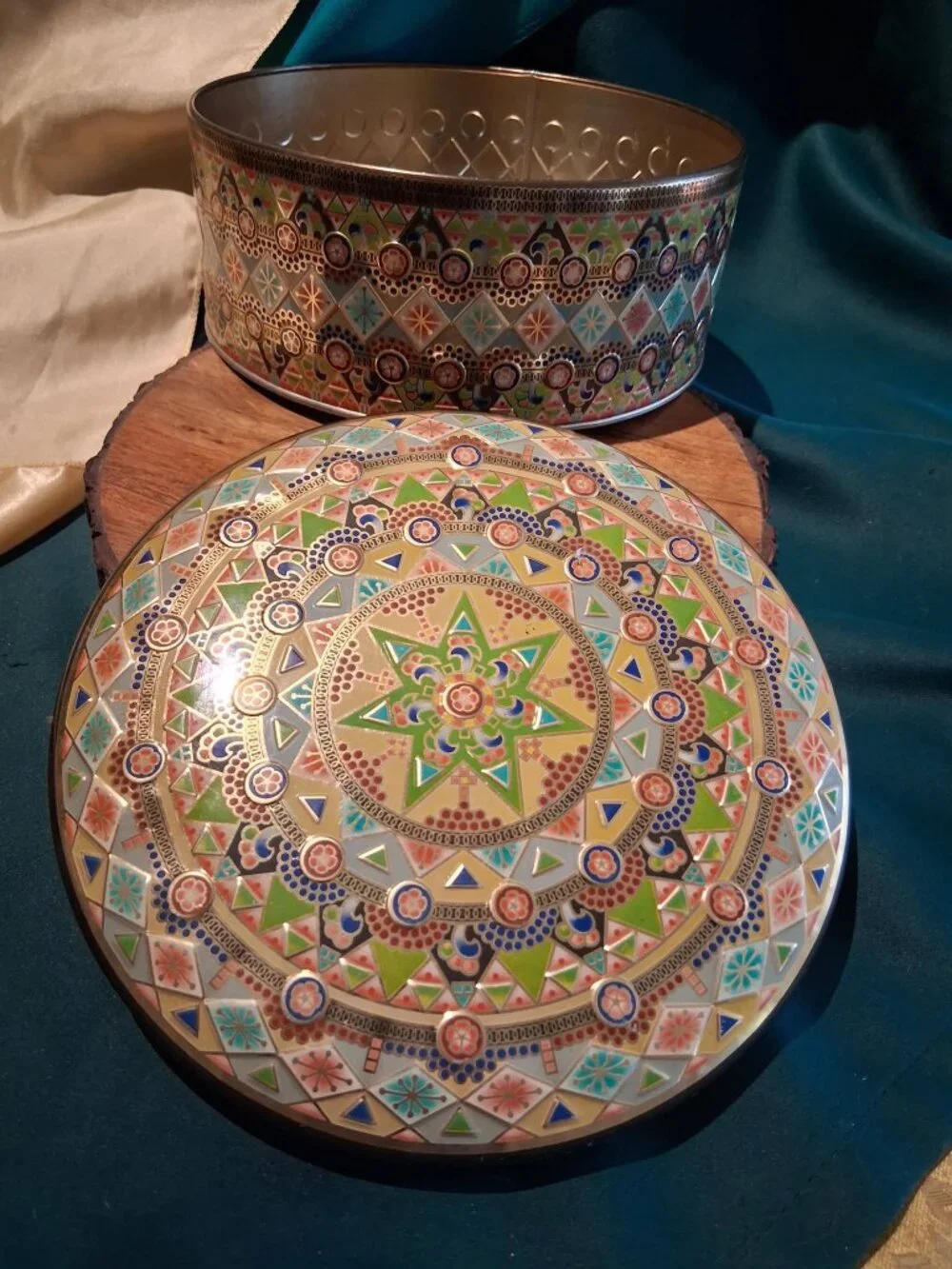 Vintage Tin, Mandala Star, Boho Decor, Litho Biscuit Tin, and Trinket Storage